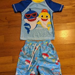 Baby shark 🦈 Rash guard + Flap happy board shorts 🩳 2T